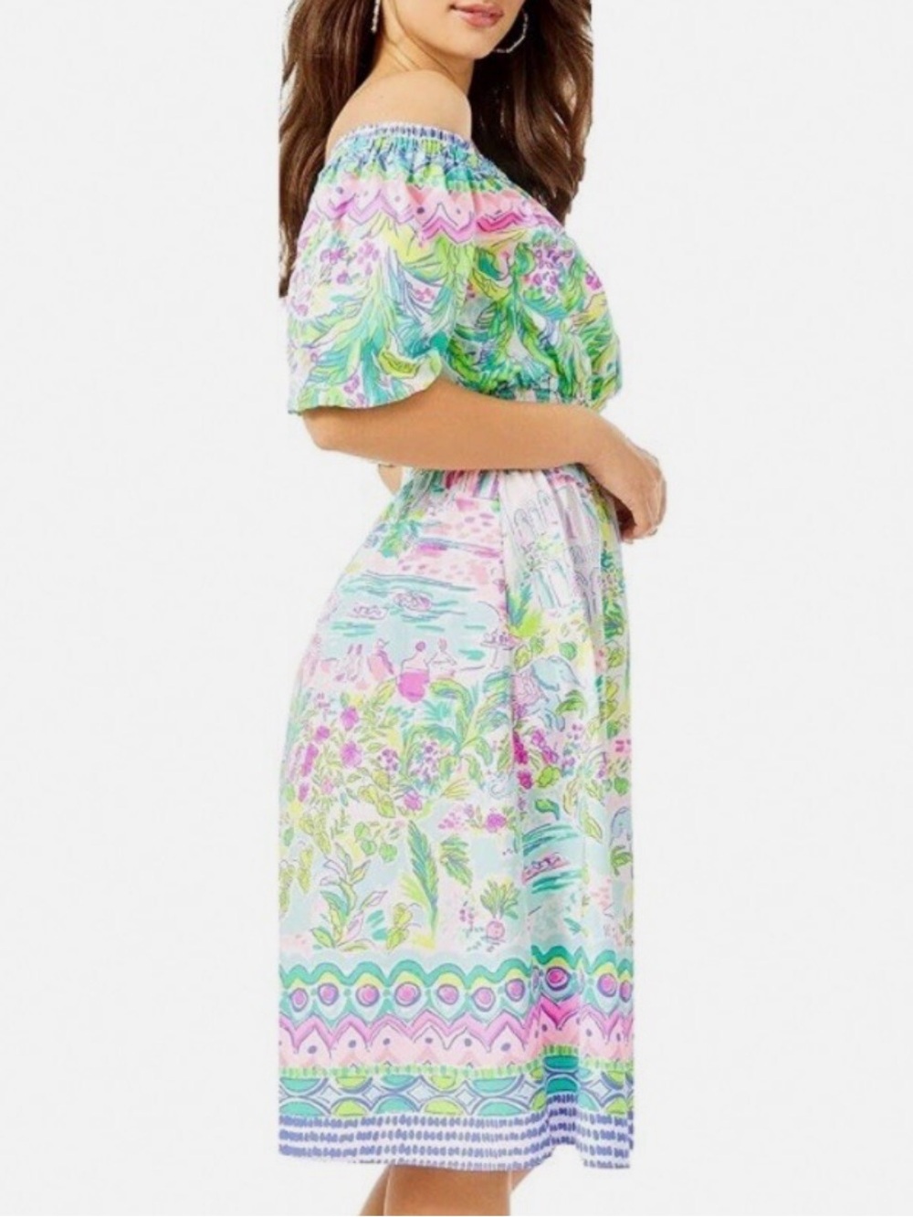 NWT Lilly Pulitzer Camille Island Hopping Tropical Off Shoulder Midi‎ Dress - Picture 2 of 8